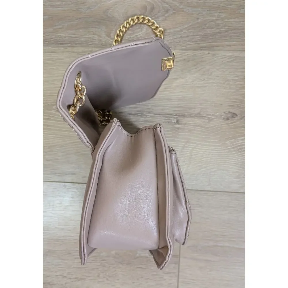 Bebe Shoulder Crossbody Bag Stone Tan Quilted Faux Leather Gold Chain Strap NEW
